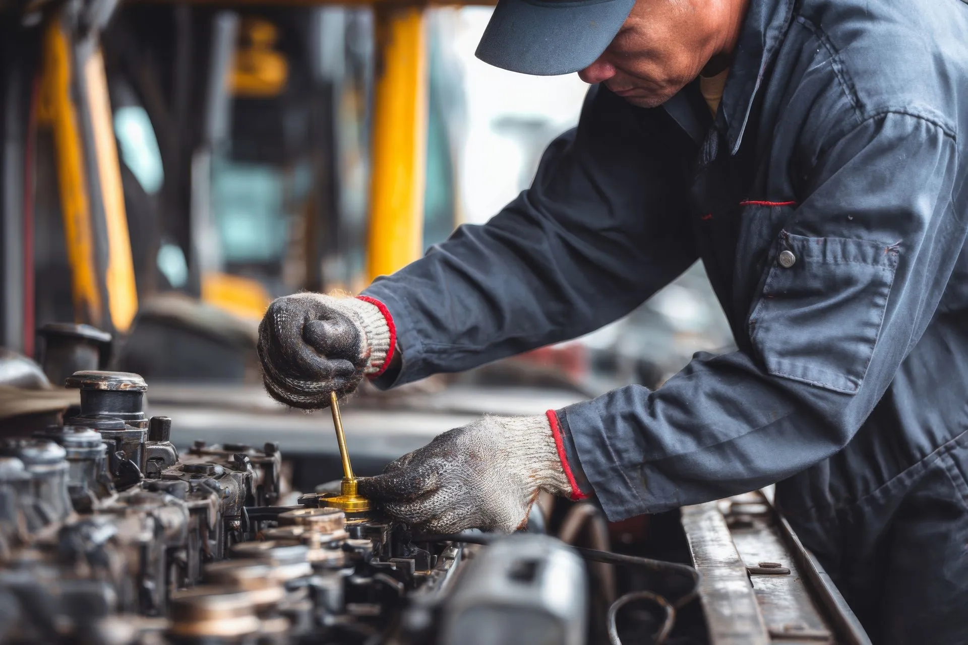 Mechanic in blue jumpsuit, cap, and gloves working on an engine, using a tool.