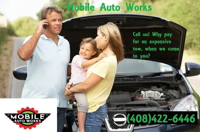 Family with a broken-down car, man on phone, woman holding child. Advertisement for mobile auto repair services.