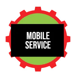 Mobile service icon, black rectangle with white text on a green circle, red gear outline.